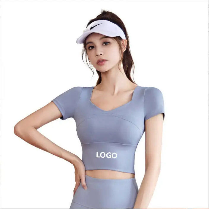 New Summer Solid Print Yoga T-Shirt Bra-Free Running Short Sleeve Top with Quick Dry High Elastic Slim Fit for Adults LOGO