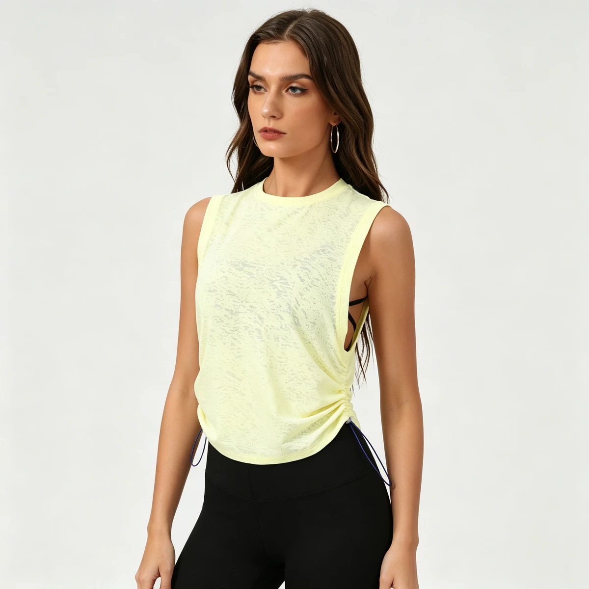 In Stock Hot Sale Breathable Quick Dry Side Drawstring Ruched Solid Sleeveless Yoga Tank Top For Fitness With Adjustable Hem