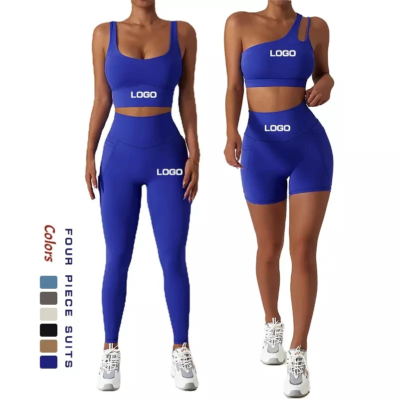 Women 2 Pieces Breathable Activewear Set Widen Straps One Shoulder Sports Bra High Waist Pocket Workout Leggings