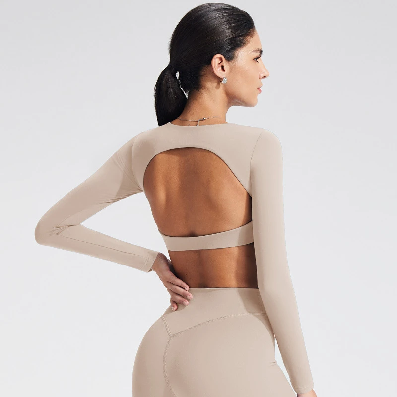 Women Hollow Back Long Sleeve Sports Top Breathable Tight Fit Yoga Workout Fitness Training Crop