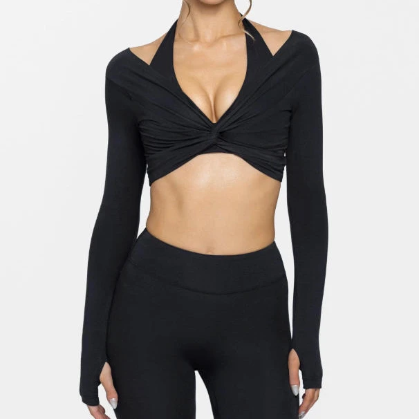 Buttery Soft Deep V Long Sleeve Crop Shrug Top Twist Knot Fitness Athletic Shirt for Yoga & Pilates With Thumb Holes