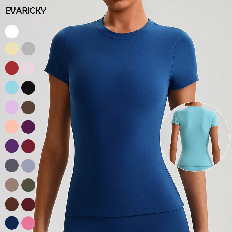 EVARICKY New Trend Women's Gym Fitness Short Sleeve Slim Fit Workout Top Summer Casual Yoga Running Sports T-shirt with Logo