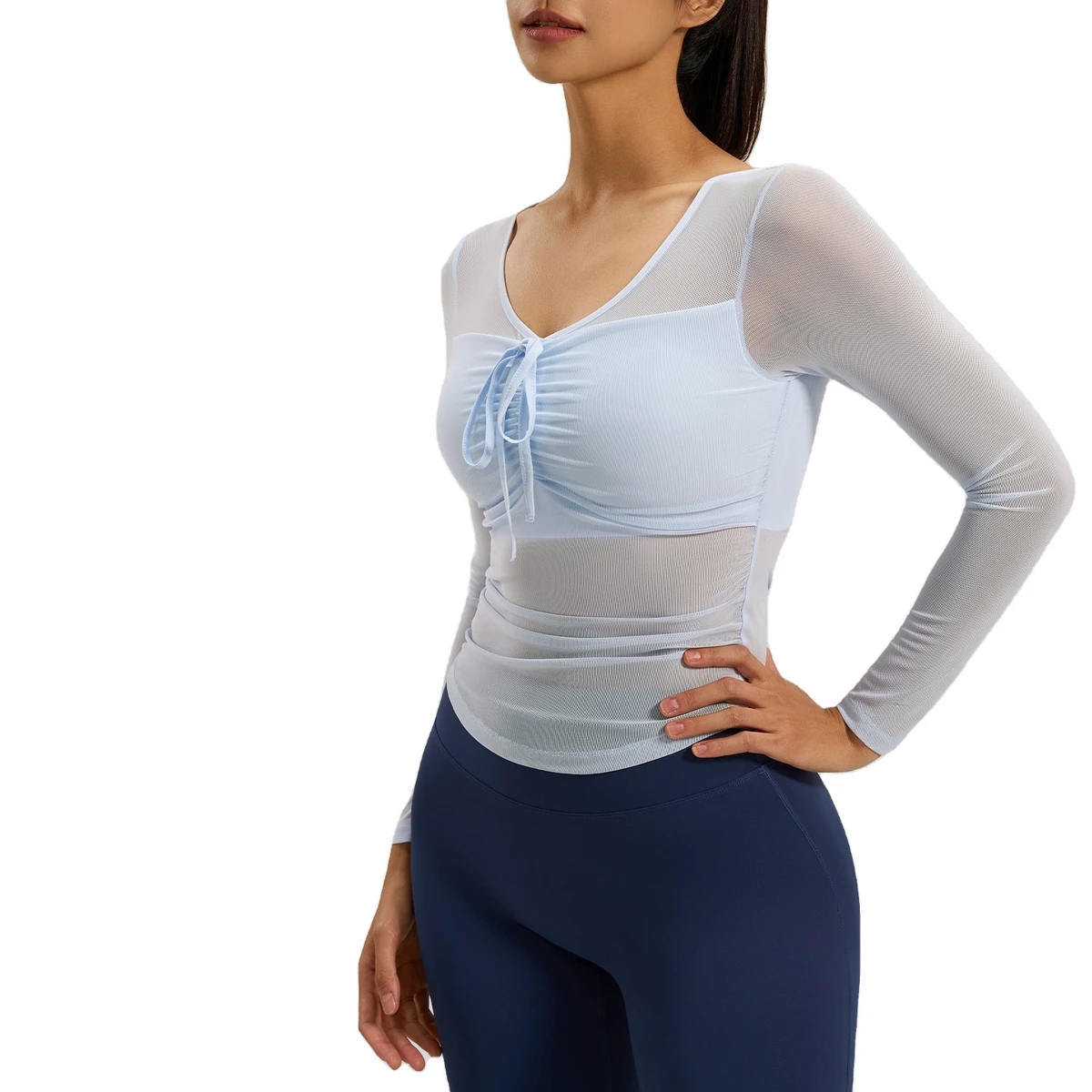 Mesh Long Sleeve Drawstring Slim Yoga Top, Dance Training Sports Tight Breathable Workout Clothes for Women