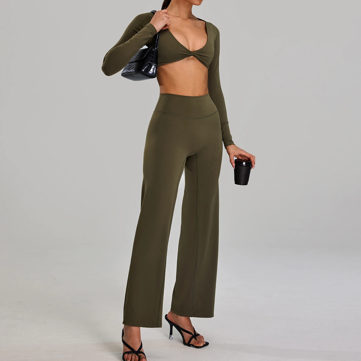European American High-intensity Solid Breathable Sports Suit Outdoor Running Yoga Five-piece Set Slimming High Waist Quick Dry