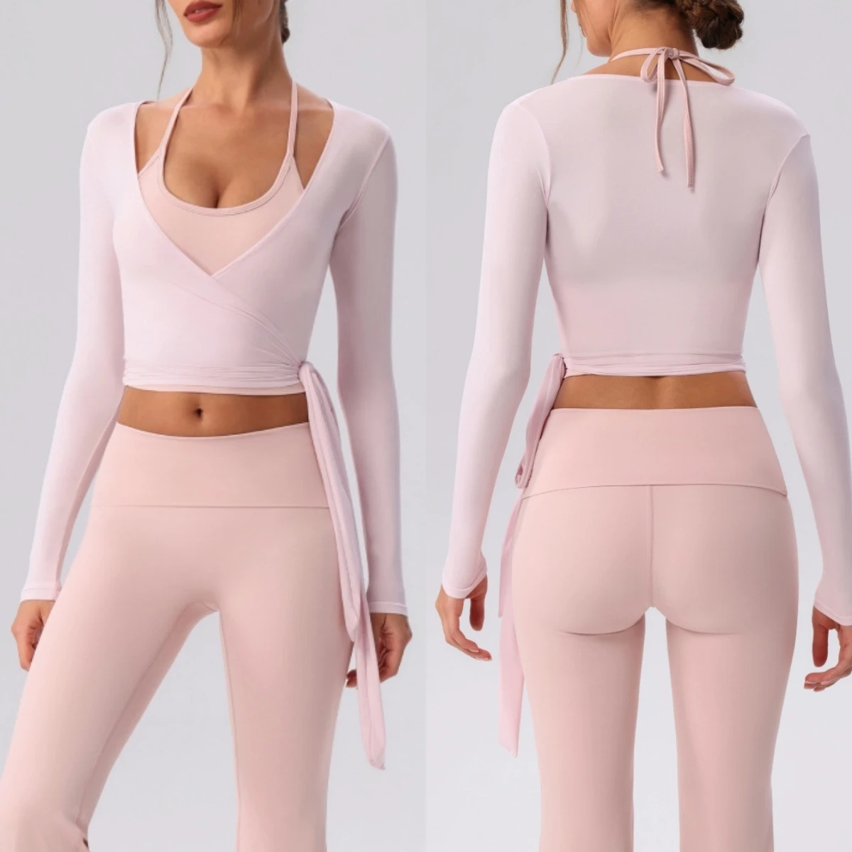 Sexy Long Sleeve V-neck Yoga Pilates Top Belted Breathable Lightweight Front Logo Women's Sports Autumn Running Wear