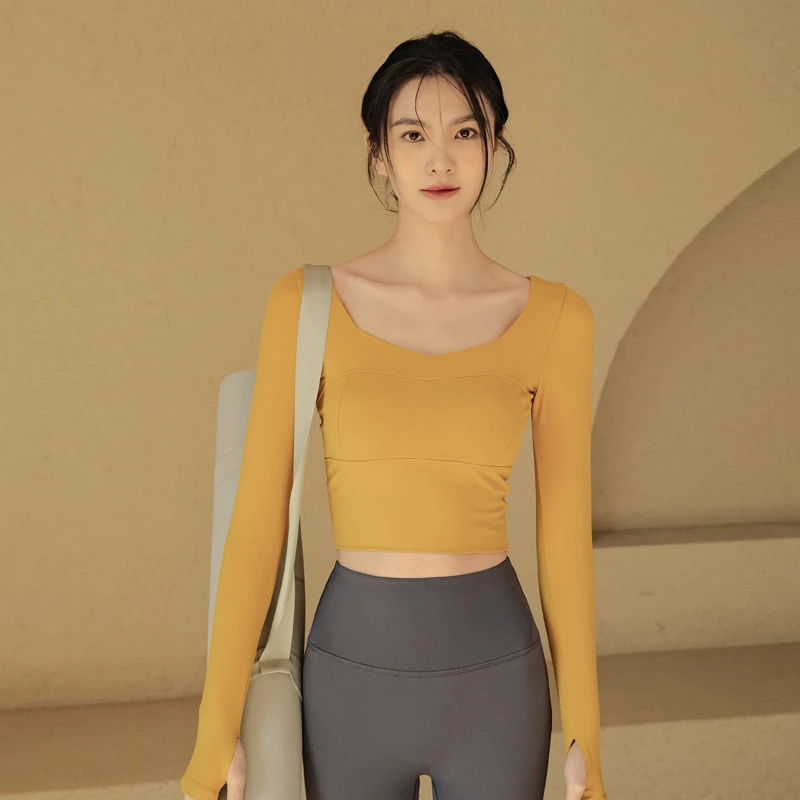 Women's Modal Long-Sleeved Skinny Front Logo Sweat-Wicking Four-Way Stretch Nude Yoga Suit Top Lightweight Design