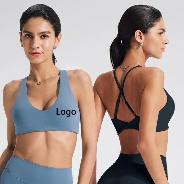 Custom Logo U-neck Cross Back Sports Bra for Women Yoga Pilates Shockproof Beauty Back Nude Feel Push-up Workout Gym Bra