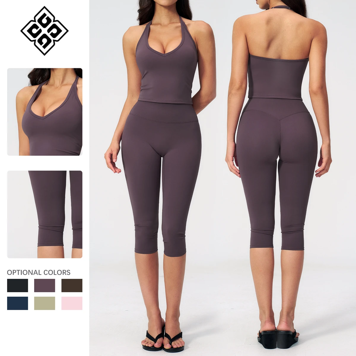 Custom Logo Halter Bra Yoga Set 2 Piece High Waist Knee-length Workout Fitness Gym Wear For Women
