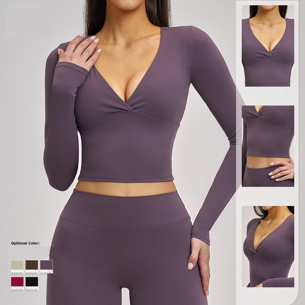 Custom Women's Deep V-Neck Long Sleeve Yoga Top Activewear Gym Fitness Wear Yoga T Shirt