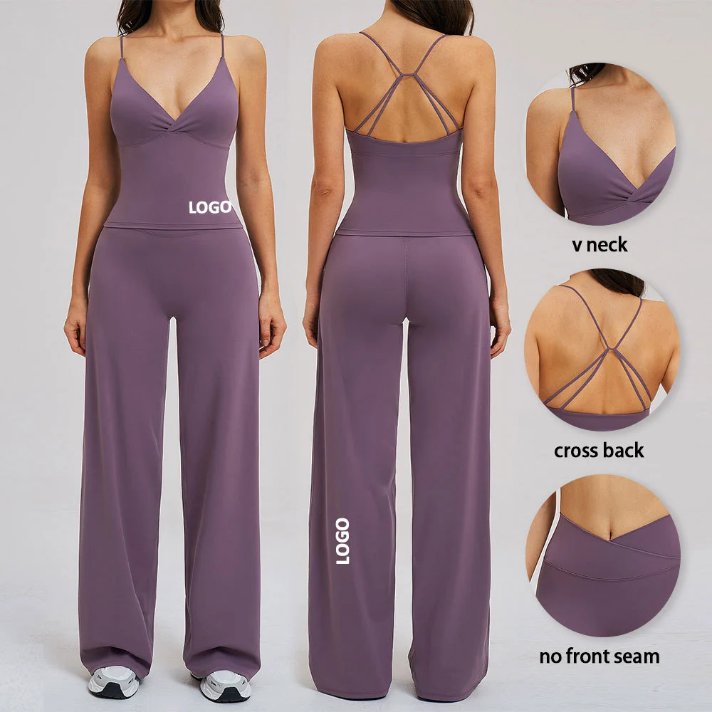 Soft Wide Leg Two Pieces Yoga Suit Quick Dry Shock-Proof High Waist Sports Set for Women Outdoor Fitness Gym Wear