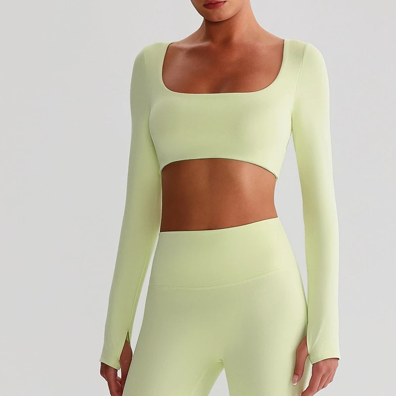 Customized Stretchy Women's Athletic Fitness Slim Fit Open Back Long Sleeve Square Neck Crop Top Gym Yoga Workout Tops