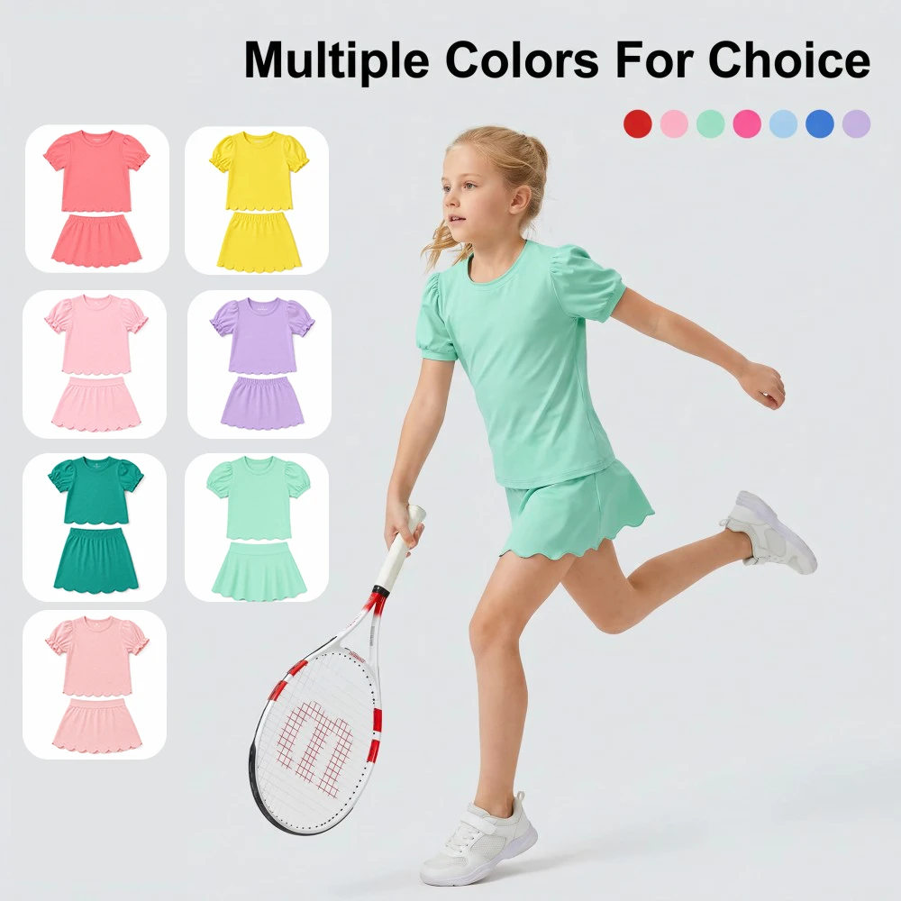 Puresun RTS Wholesale Price Sports High Stretch Tshirt Scallop Summer Breathable Solid Yoga Girls Clothing Sets 8 To 9 Years Old