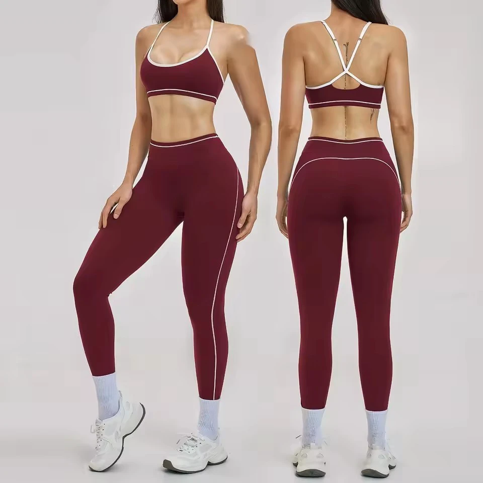 2 Pieces Set Women's Cross Waist Sports Bra Leggings Yoga Outfit Yoga Set for Women High Elastic Stress OEM Yoga Set