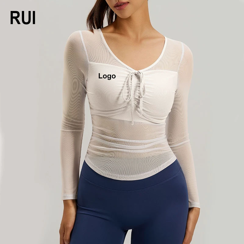 RUIQUWIN 2026 New Women's Mesh Yoga T-Shirt Drawstring High-Elastic Slimming Breathable Long Sleeve Quick-Dry Gym Sports Wear