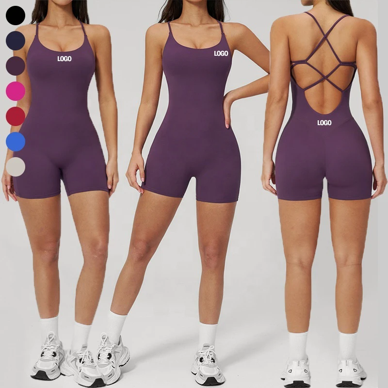 Women's Cross Back Strappy Sleeveless Yoga Shorts Jumpsuit Breathable Hollow High Stretch Workout Romper One Pcs Sports Bodysuit