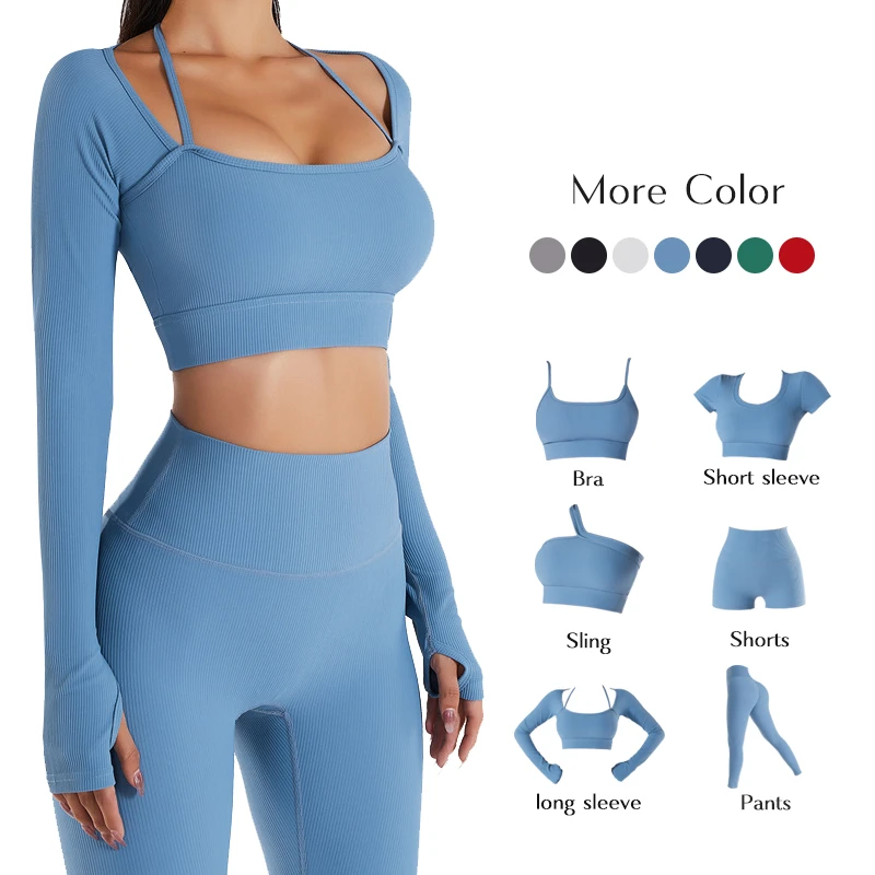 Women's Custom Logo Gym Fitness Sets 6 PCS Seamless Active Wear Yoga Set with Striped Pattern