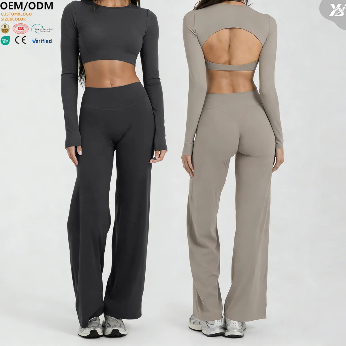 XW- ACX8002+ACK8002 New Arrival Solid Workout Crop Top Wide Leg Pants Soft Buttery Two Piece Fitness Gym Clothing Yoga Wear Set