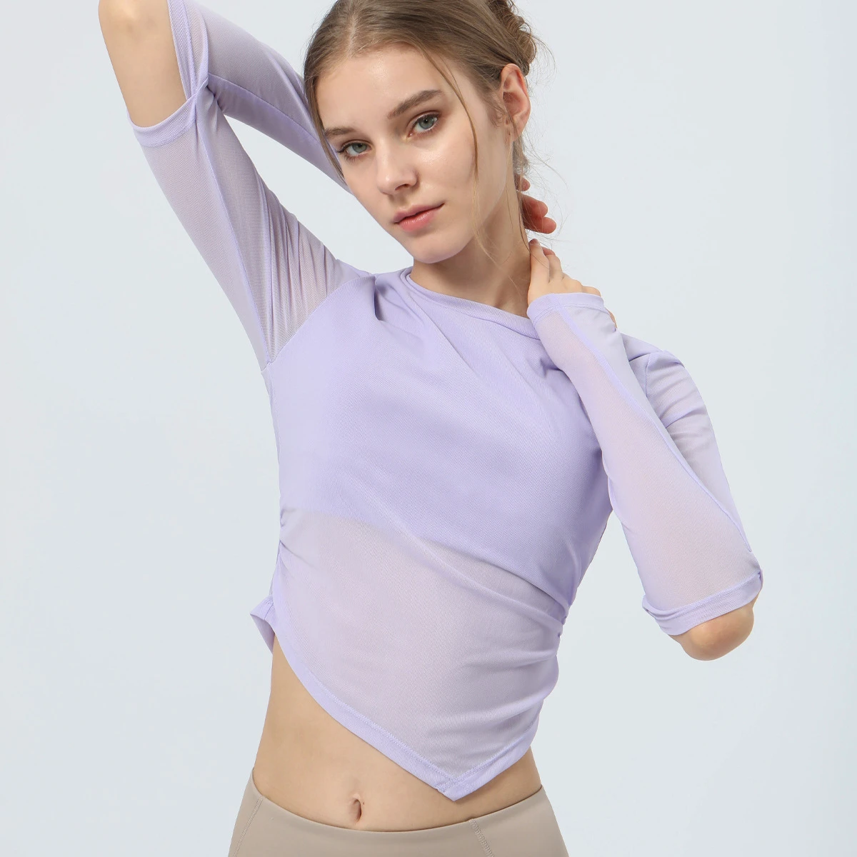 XW-23103 Wholesale Breathable Long Mesh Sleeved Tops Yoga Sets Fitness Gym Yoga Clothing Elbow Open Sports Tops for Women
