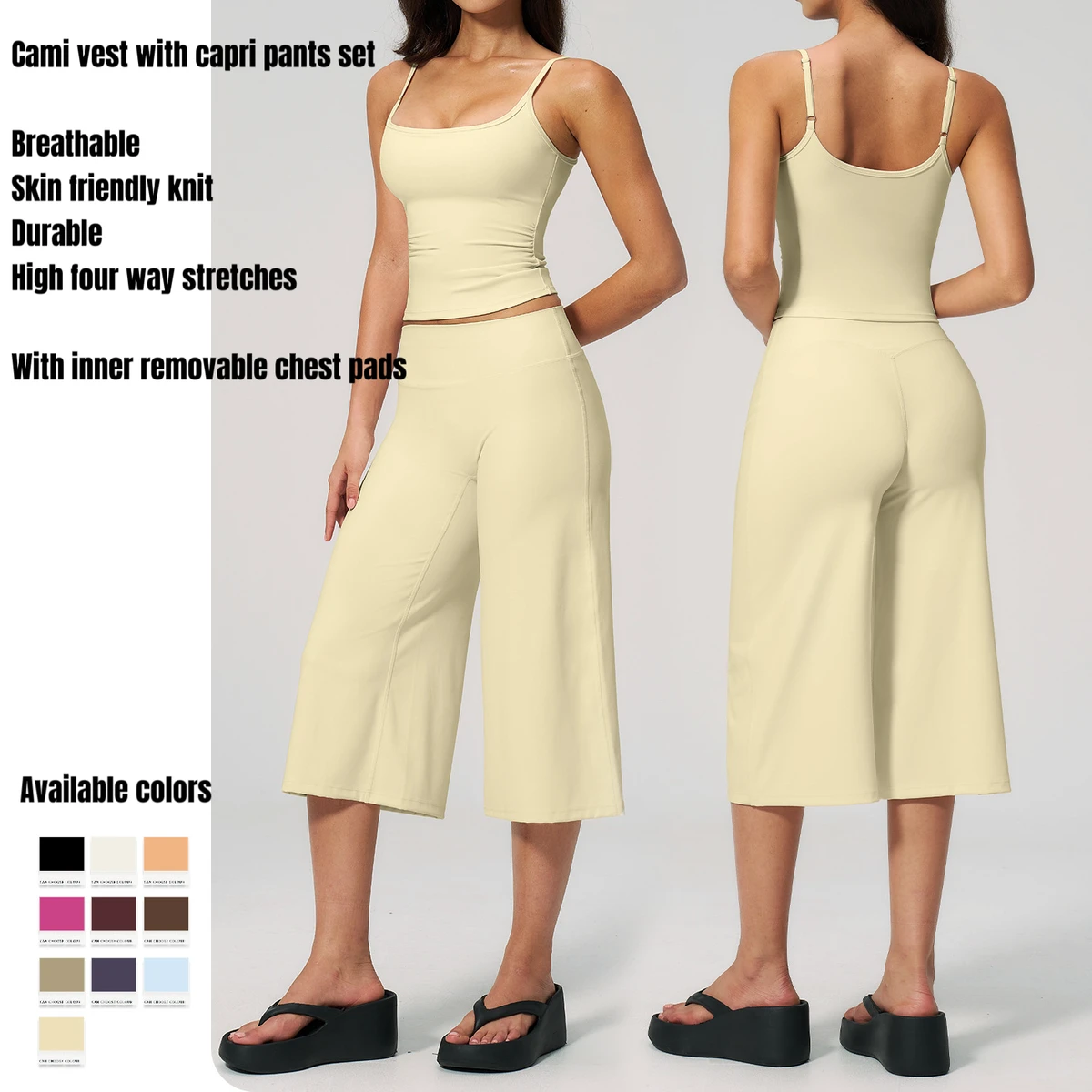 Custom Logo Breathable Adjustable Tank Top Wide Leg Mid-Length Capri Track Pant Two-Piece Yoga Gym Fitness Workout Set For Women