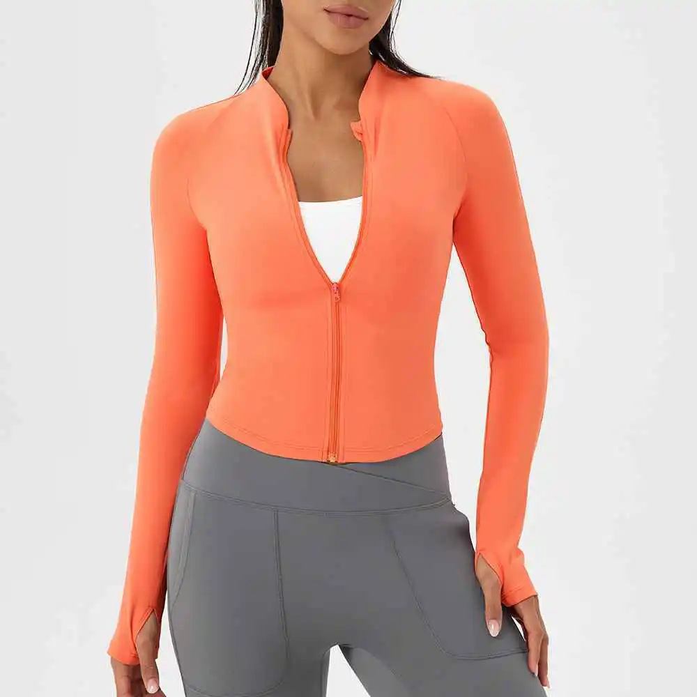 Women's Slim-Fit Long Sleeve Solid Yoga Jacket Lightweight Breathable Quick Dry Zippered Stand Neck Ribbed Fitness Top