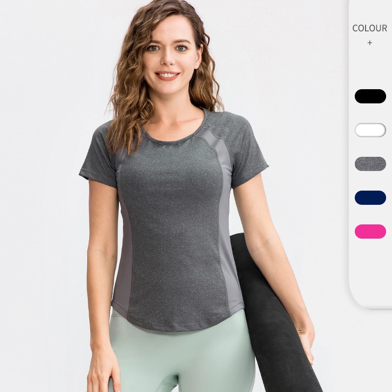 Womens Tight-Fitting Yoga Short-Sleeve Round-Neck for Sports T-Shirt Mesh Panels Breathable Highly Elastic Quick-Drying Top