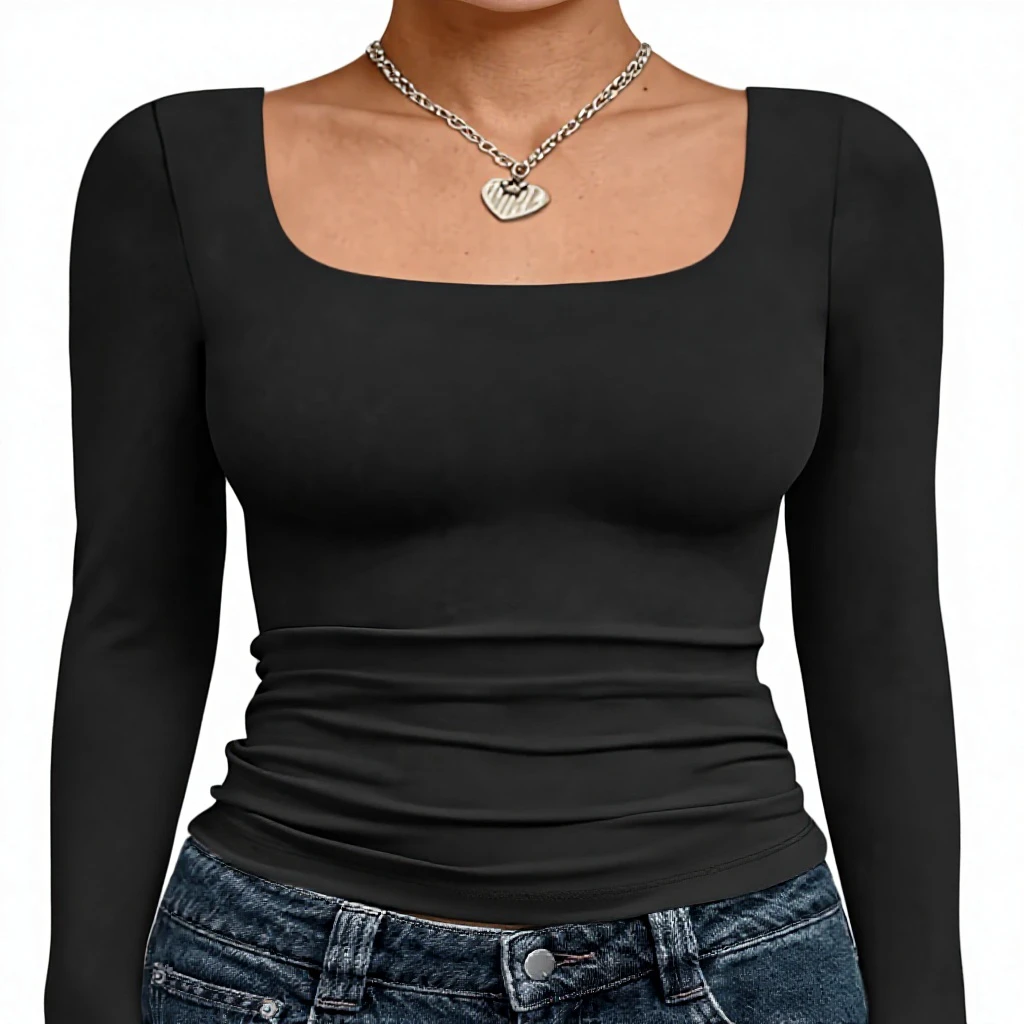 Trendy Cute Womens Jersey Long Sleeve Crop Tops Fall Fashion Solid Square Neck Going Out Basics Tees