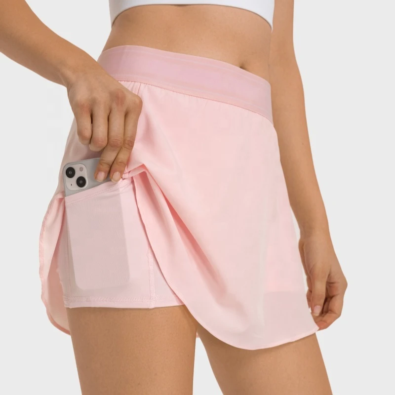Athletic High Waisted Pocket 2 In 1 Fitness Skirt Sport Shorts Ladies Sweat-Wicking Workout Tennis Wear For Women
