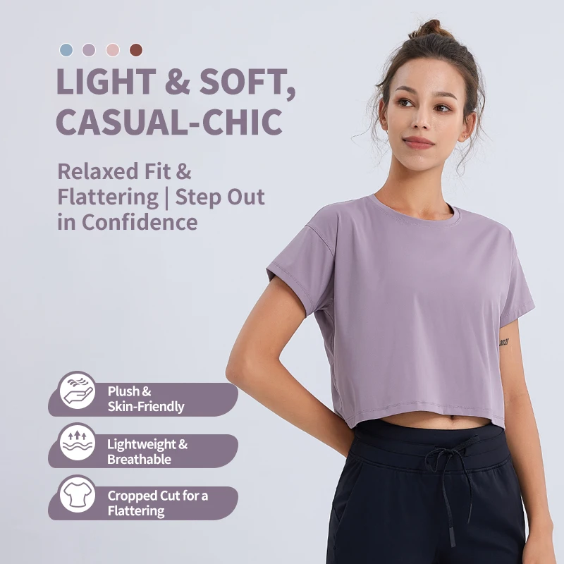 Women's Eco-Friendly Soft Lightweight Four-Way Stretch Quick Dry Sweat-Wicking Yoga Cropped T-Shirt Loose Fit Breathable Top