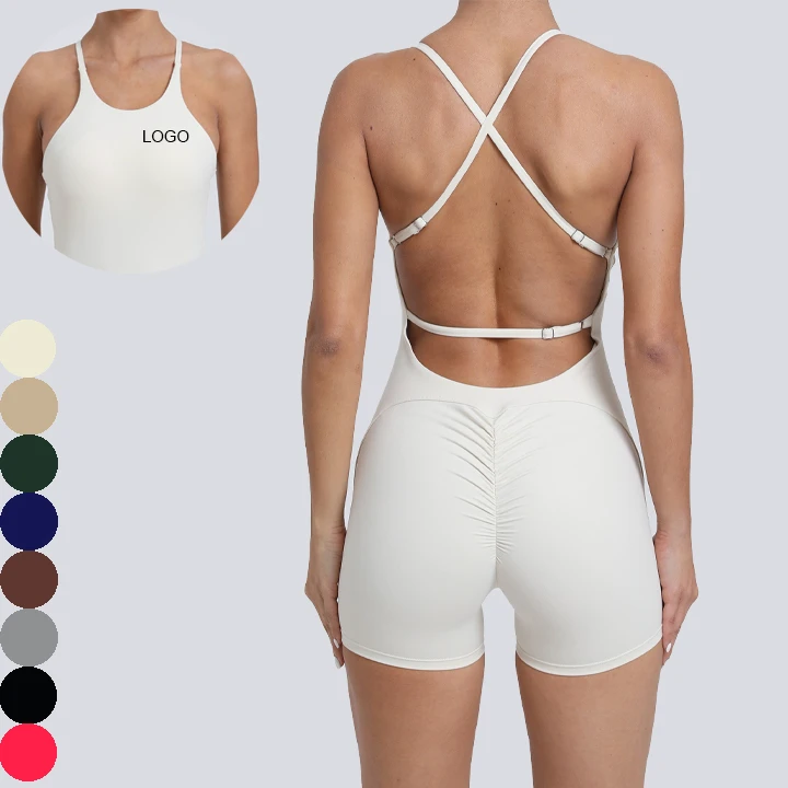 High Quality Womens Quick Dry Cross Back Adjustable Straps Scrunch Butt Fitness Gym One Piece Yoga Jumpsuit