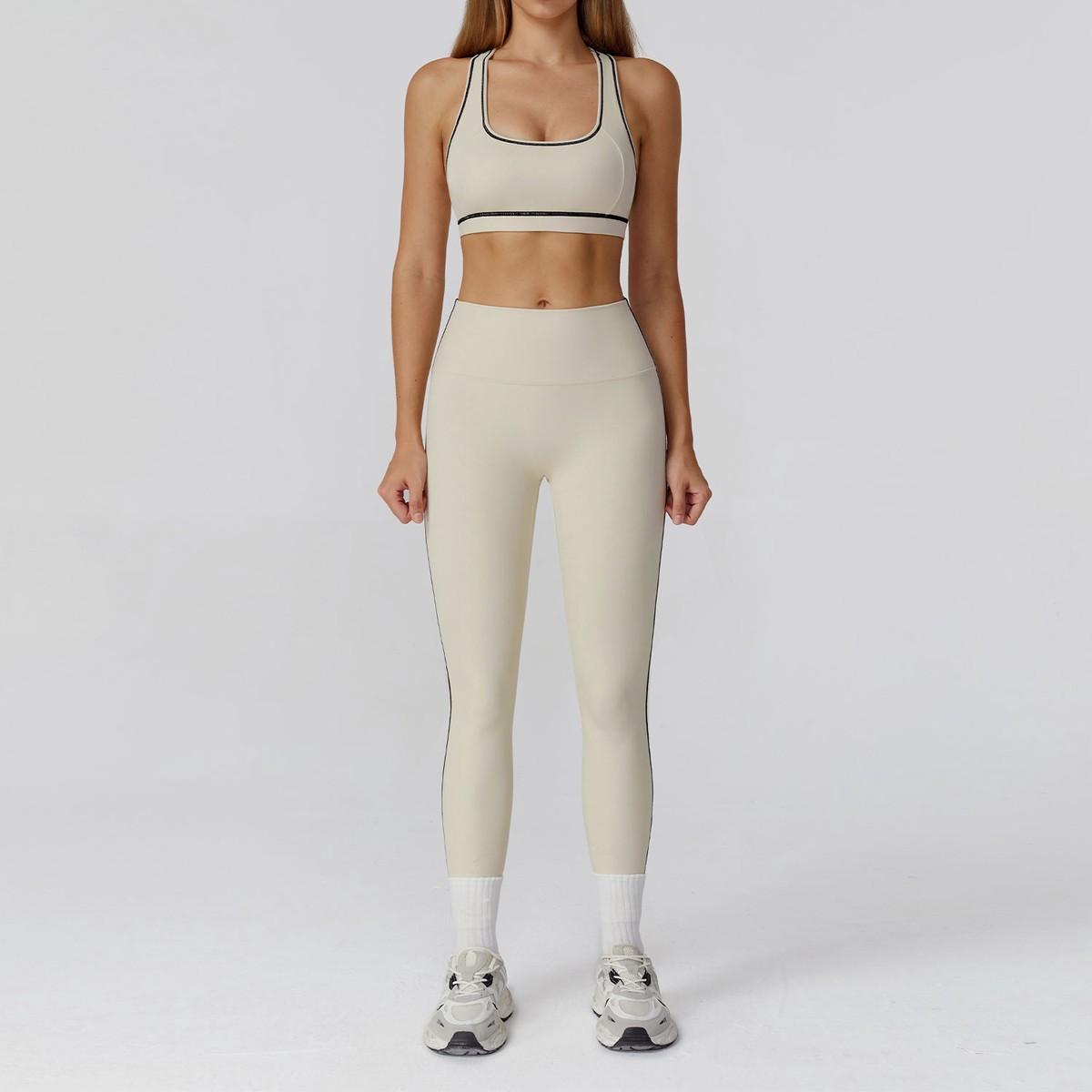 Wholesale Women Yoga Set Mid Waist Leggings Sports Bra Solid 2-Piece Active Fitness Gym Workout Spandex/Nylon Four-Way Stretch