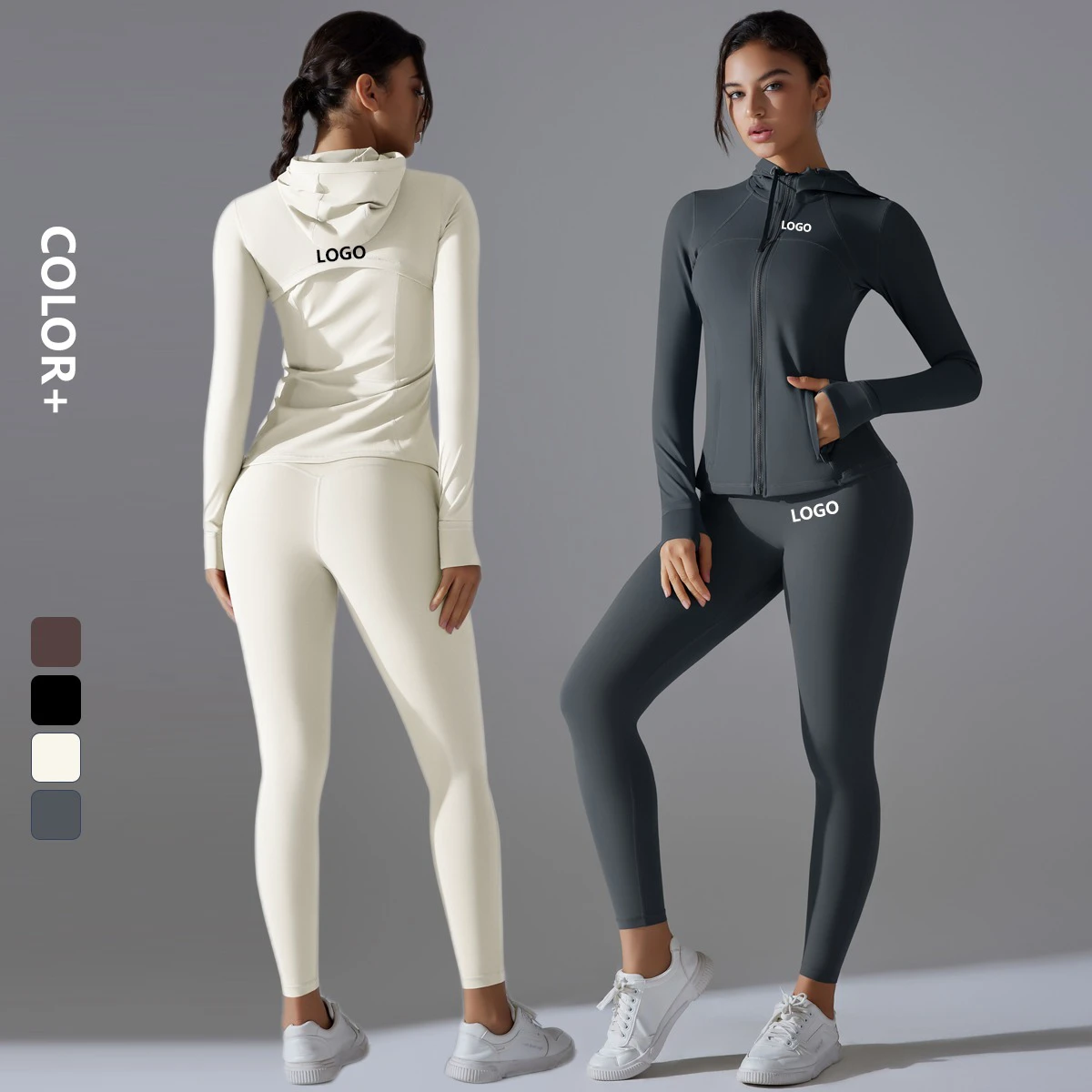 Women's Two Piece Workout Set Solid Pattern Long Sleeve Zipper Hoodie Jacket High Waist Yoga Leggings Front Logo Breathable
