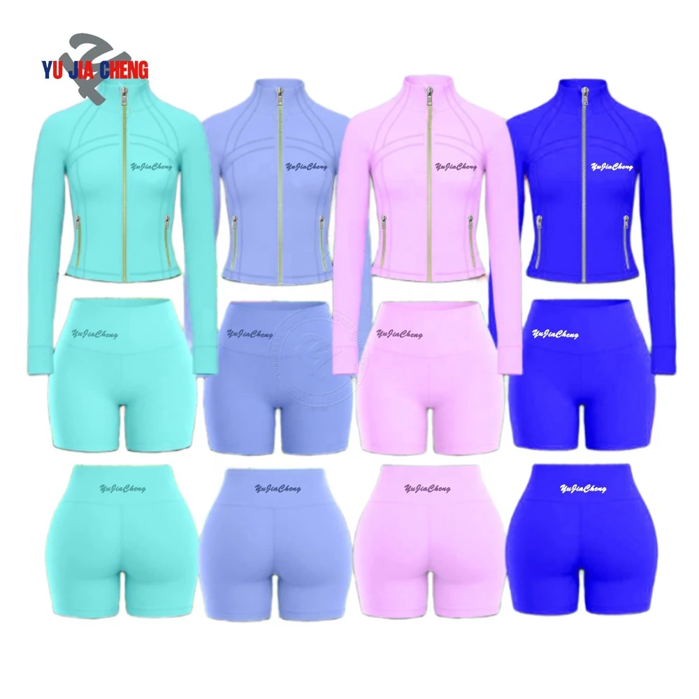 Workout Outfits Custom 2 Piece Gold Zipper Zip up Yoga Jacket and High Waist Legging Shorts Set Summer Fitness Activewear