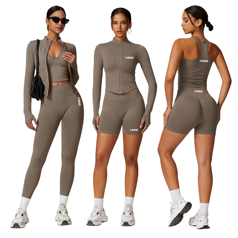 Ready to Ship Women's Winter Yoga Sets Solid High Waist Long Sleeve Gym Training Clothes Yoga Tight Jacket Bra Fitness Sports