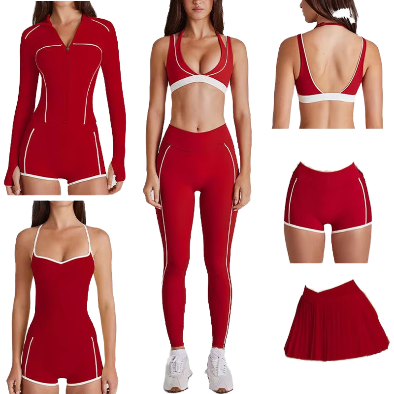 Wintu New Plus Size 7-Piece Women's Solid V-neck Fitness Sportswear Set Leggings Shorts Bra Workout Yoga Wear Front High-Waisted