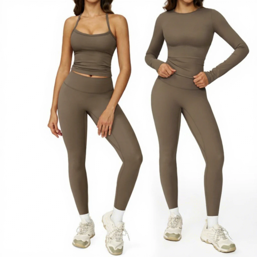 European American Style Solid Tight-Fitting Brushed Spandex/Nylon Crew Neck Yoga Set Quick-Drying 2-Piece Fitness Wear Set