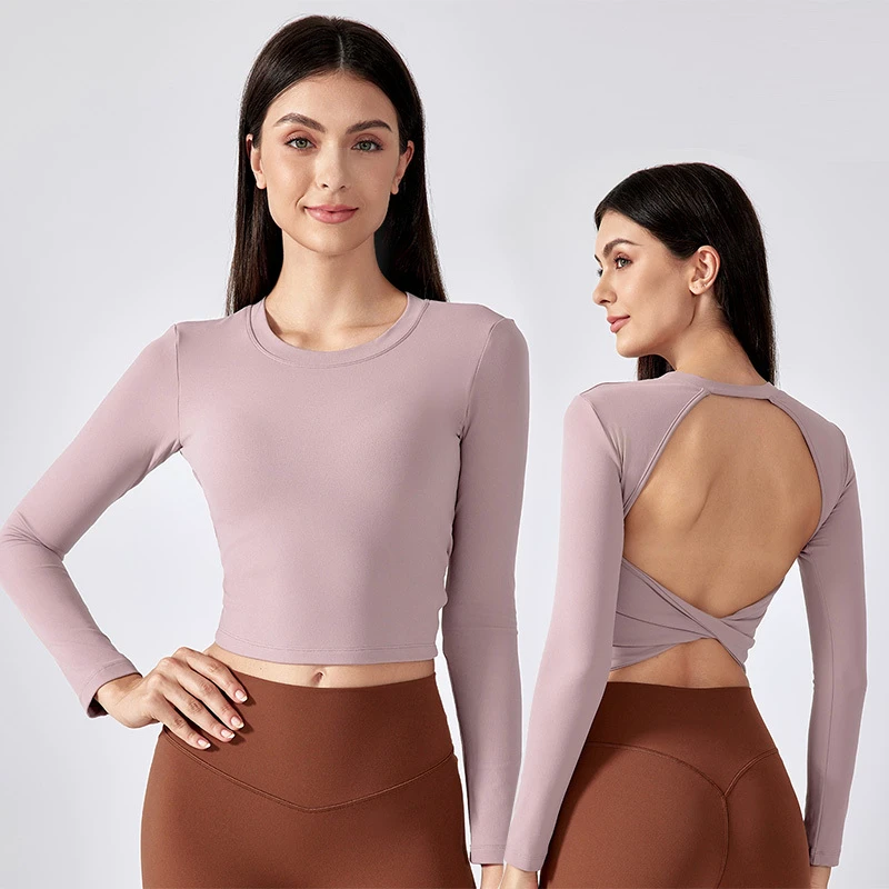 Sexy Hollow Beauty Back Yoga Long Sleeve Women's Tops Running Fitness Sports t Shirt With Chest Pad