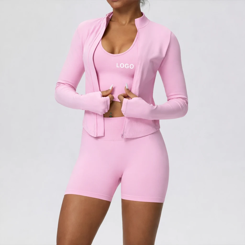 Women Solid Plus Size Seamless 3 Piece Workout Set Long Sleeve Crop Jacket High Waist Shorts Yoga Fitness Activewear