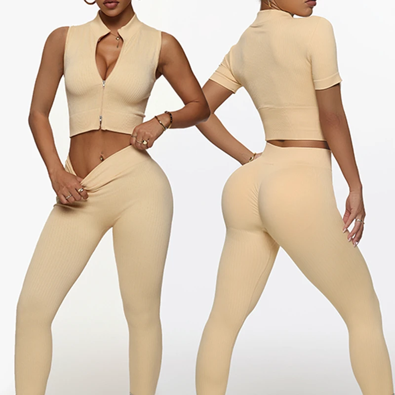 New Design Women's Fitness Yoga Set Short Sleeved Training Tank Sports Yoga Top Six Piece Sets