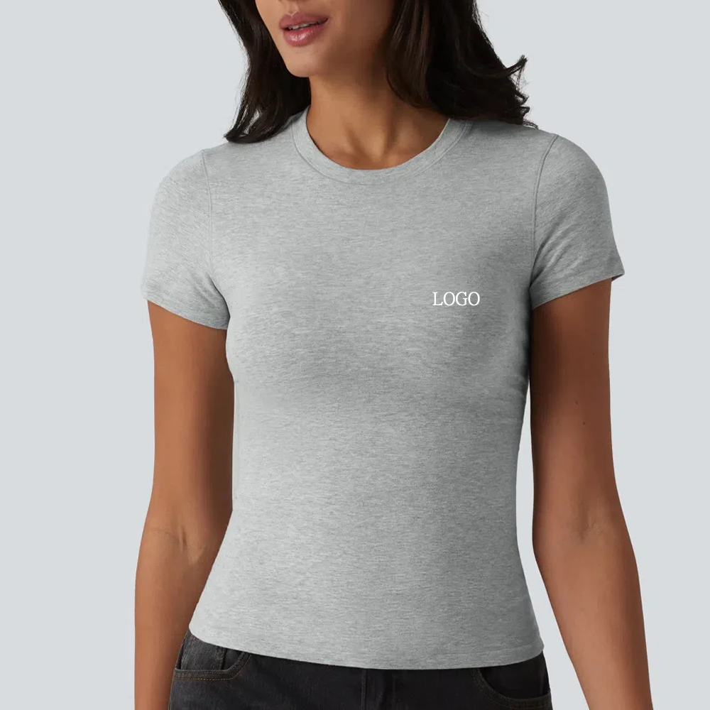 New Desgin 90%Cotton 10%Spandex Women Sportswear Custom Logo Crew Neck Slim Fit Fitness Shirt Short Sleeve Sweat Wicking Gym Tee