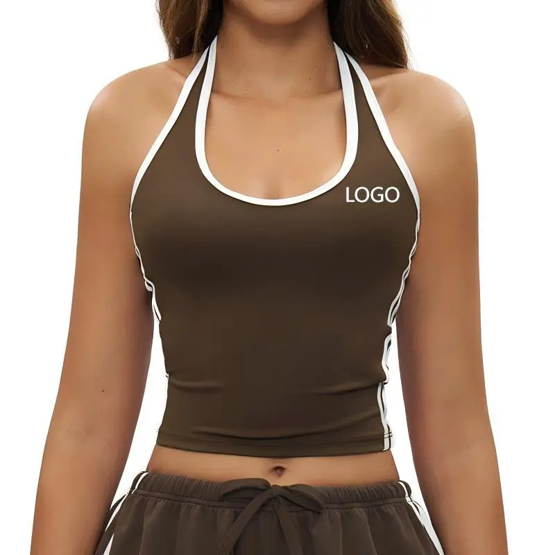 Breathable Plus Size High Support Quick Dry Simple Fashionable Halter Neck Backless Yoga Tank U-neck Top Nylon Spandex Fabric