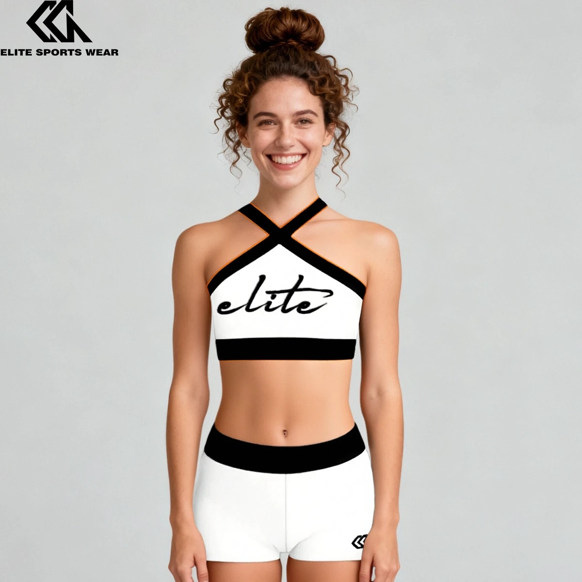 White and Black Girls Sports Bra Active Top Training Wear for Cheerleading Team Crop Top and Short
