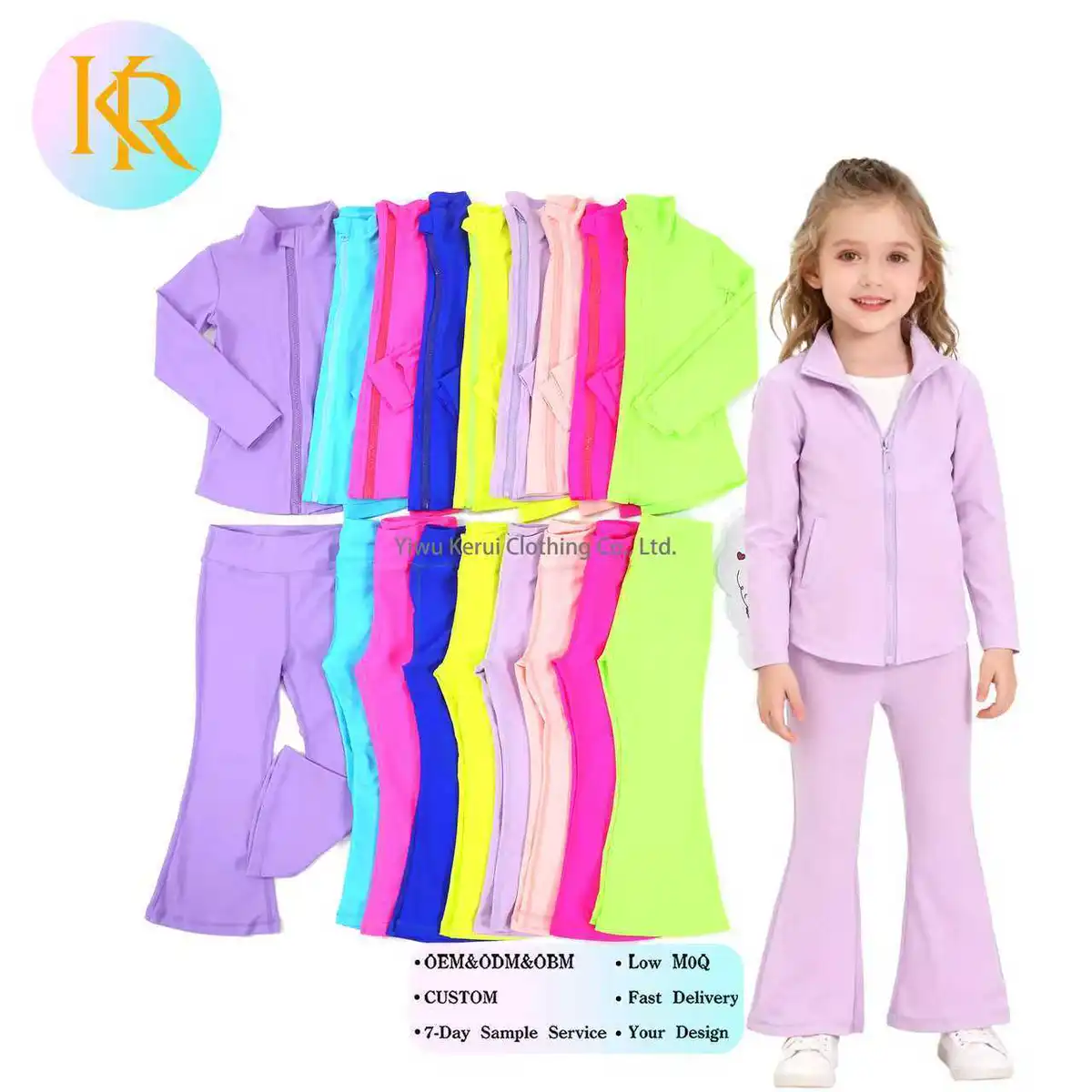 Kerui OEM & ODM Active Wear Set Girls' Long Sleeves Casual Yoga Set Solid-Jacket Flare & Pants Sports Suit For Workout