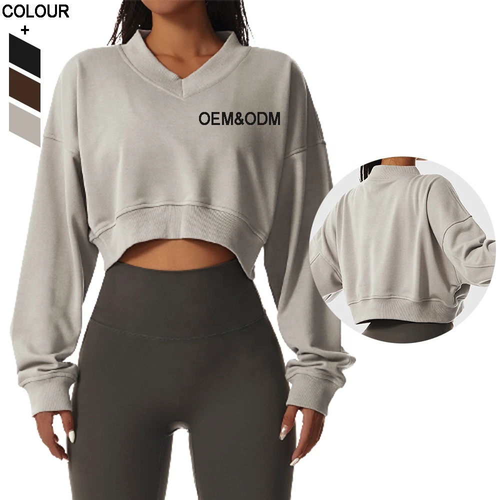 Autumn Athleisure Long Sleeve Yoga Crop Tops Blank Oversized V Collar Pullover Gym Sports Hoodie