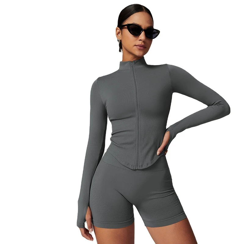 Quick Dry Zipper Stand up Collar Long Sleeved Yoga Jackets Women Running Outdoor Fitness Plus Size Sports Top