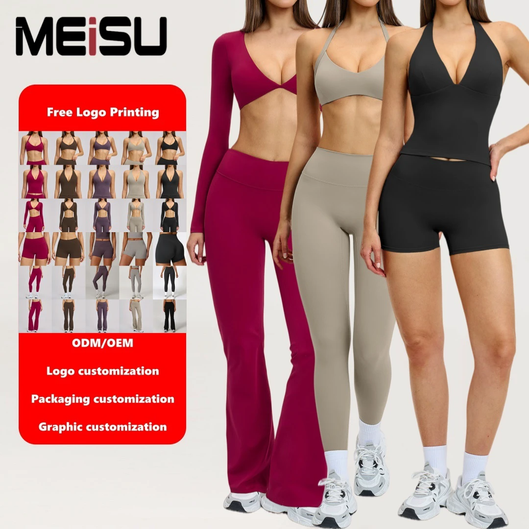 6pcs Women Gym Wear Long Sleeve Crop Top Sexy Sports Bra Tummy Control Yoga Leggings Scrunch Butt Shorts Halter Fitness Vest