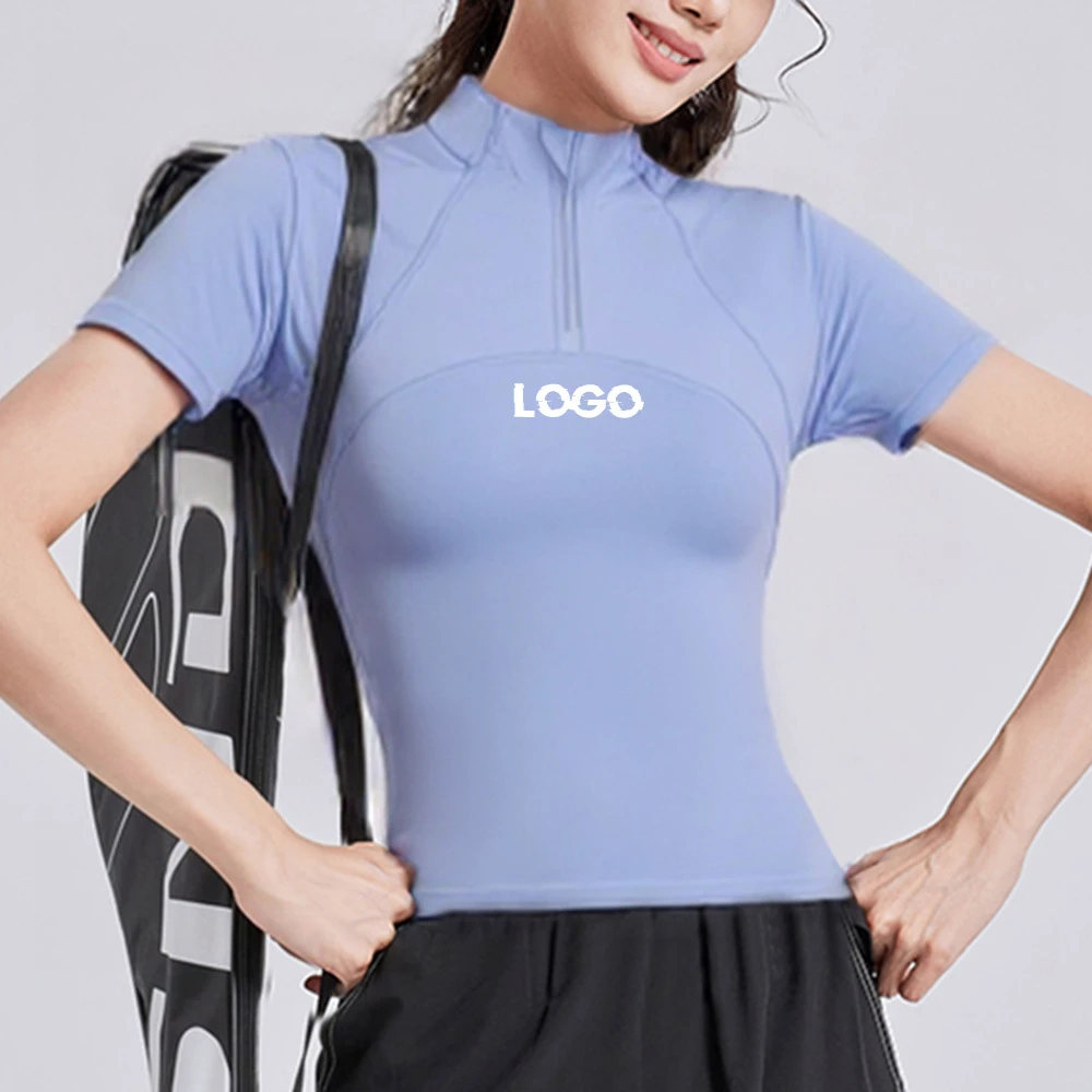 Oem Summer Custom Women'S Quick Dry Breathable Slim Fit Half Zip Yoga Tennis Tops Short Sleeve Gym T-Shirt With Back Mesh Design