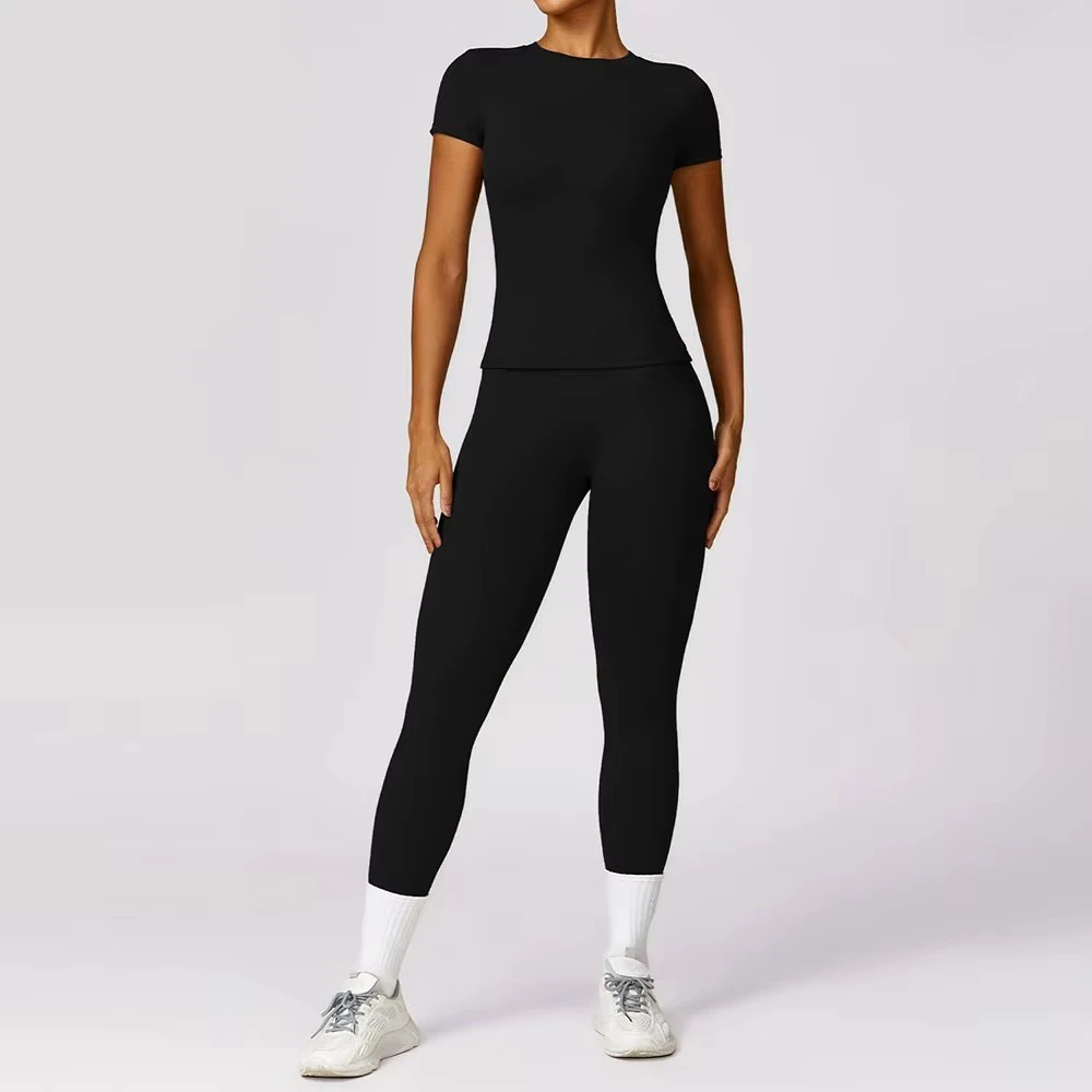 Custom Slim Fit Yoga T Shirts Gym Pants Fitness Leggings Recycled Sweat-Wicking Short Sleeves Quick Dry 2-Piece Sets Front Print