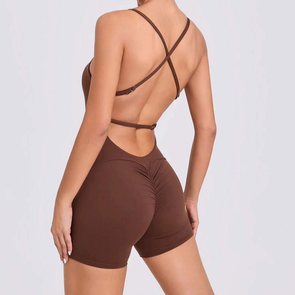 Women's Sexy Backless Cross Strap Gym Jumpsuit Shorts Scrunch Butt Lift Bodysuit for Yoga Sports One Piece Jumpsuit
