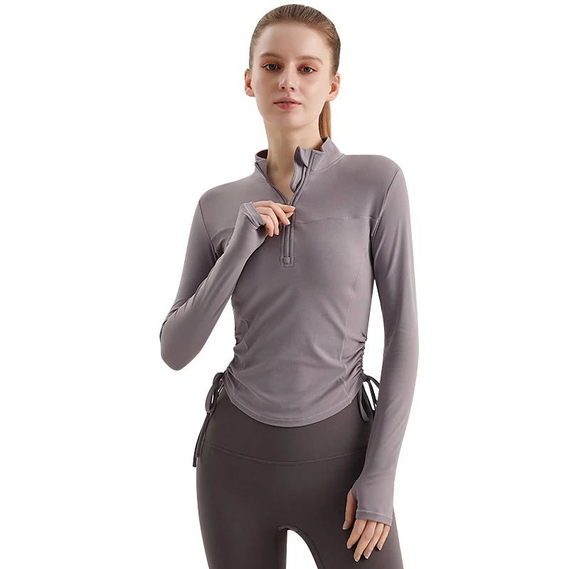 FH Slim Fit Without Restriction Yoga Long Sleeved Top Quick Drying Stand Collar Zipper Drawstring Pleated Breathable Sportswear