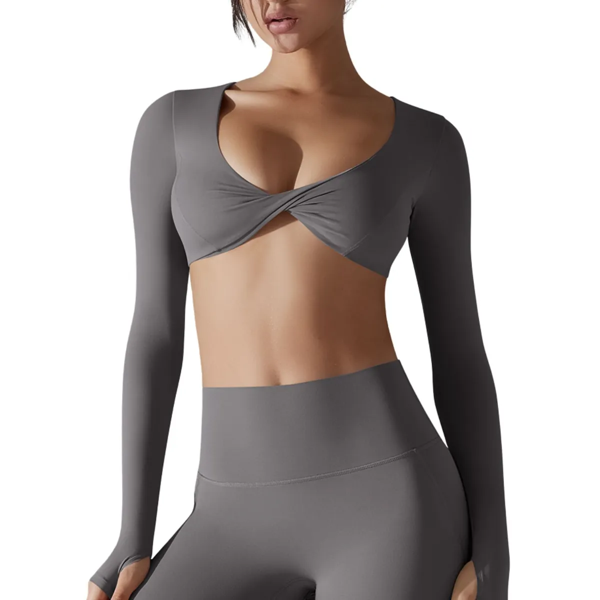 Custom Wholesale Women Long Sleeve Twist Front Yoga Tights Fitness Gym Workout Breathable Eco-Friendly Quick Dry Stretch